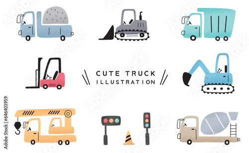 Set of hand drawn cartoon trucks illustration.