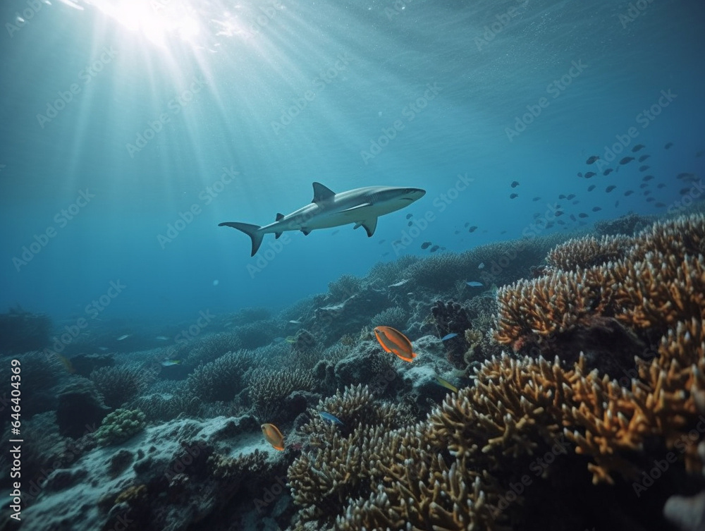 Fototapeta premium Shark Swimming Under Water Coral Reefs Marine Life Creatures Nature Animal Conservation Ecology Ecosystem Ecofriendly Endangered Species Ultra Wide Shot