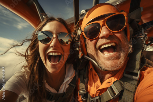 Happy couple taking selfie with paraglider in the mountains