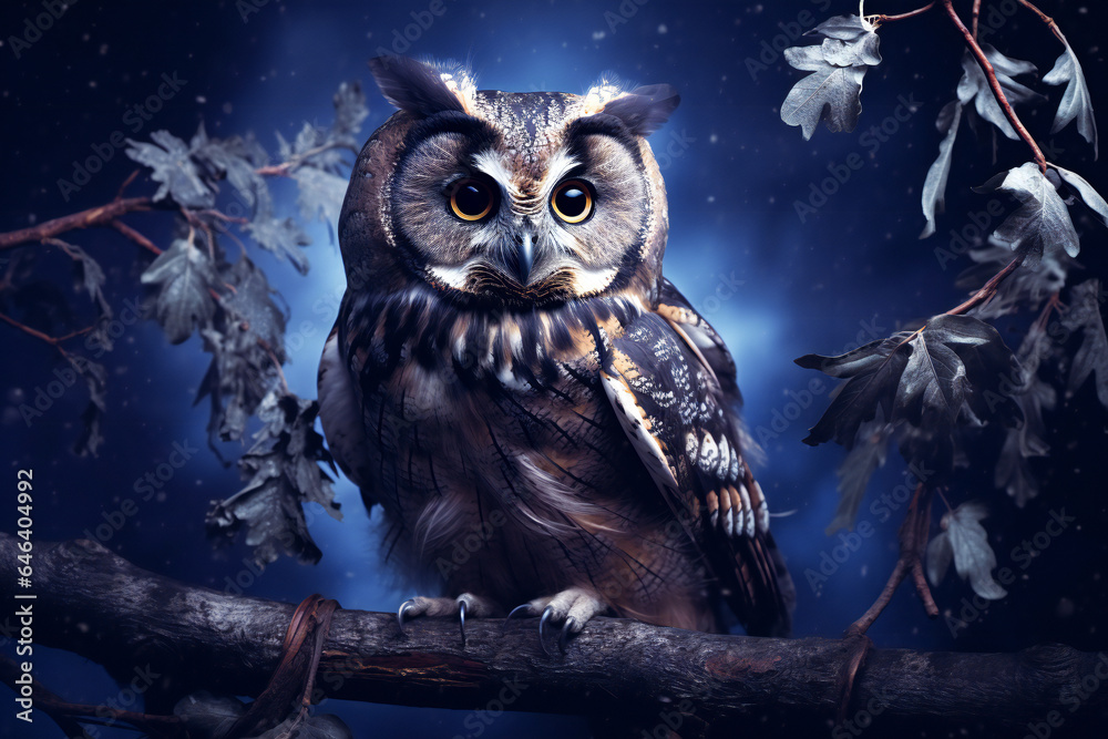 Mystical Owl Amid Autumn Leaves: A Portrait of Nature's Wisdom on a Dark Purple Background Mystical Owl Amid Autumn Leaves: A Portrait of Nature's Wisdom on a Dark Purple Background
