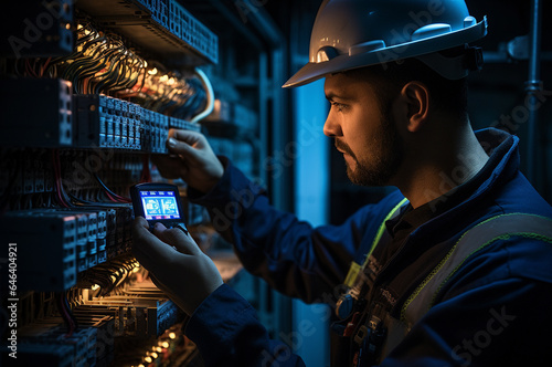 Electrical engineer working in network server room. Electrical engineering concept.