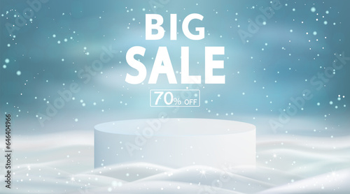 New Year, Christmas winter background with the inscription Discounts, with snowdrifts, podium and snowflakes.