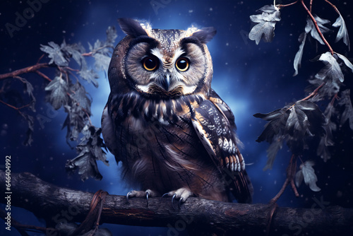 Mystical Owl Amid Autumn Leaves: A Portrait of Nature's Wisdom on a Dark Purple Background