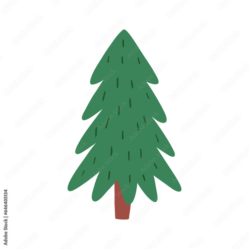 Obraz premium Hand drawn fir tree, cute flat vector illustration isolated on white background. Christmas tree without decorations. Forest, nature and winter holiday element.