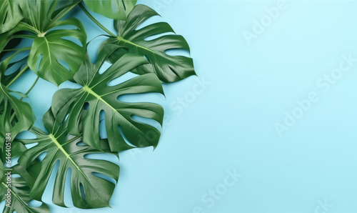 Tropical monstera leaves on a pastel blue background.