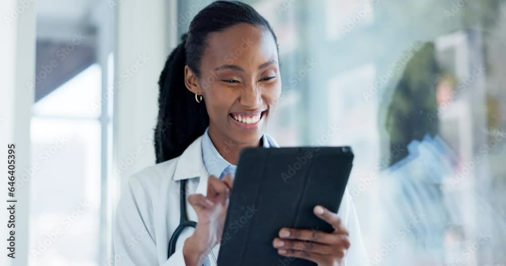 Doctor, happy woman and tablet in healthcare, hospital or clinic services, software management or excited news. Medical worker, nurse or african person scroll on digital technology in Telehealth chat Doctor, happy woman and tablet in healthcare, hospital or clinic services, software management or excited news. Medical worker, nurse or african person scroll on digital technology in Telehealth chat