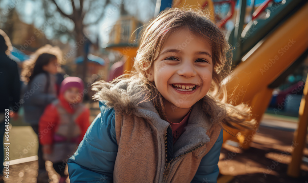 Fototapeta premium Smiling children playing in a park during Children's Day celebrations with party background.