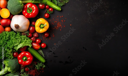 Top view vegetables on black background. Vegetarian organic food banner.