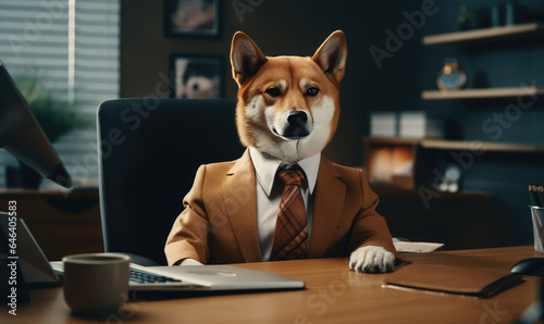 Shiba inu Dog in a businessman suit sits diligently at an office desk, exuding professionalism © smth.design