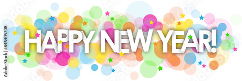 HAPPY NEW YEAR! banner with colorful bokeh lights and stars on transparent background