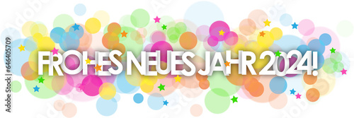 FROHES NEUEUS JAHR 2024! (HAPPY NEW YEAR 2024! in German) banner with colorful bokeh lights and stars on transparent background
