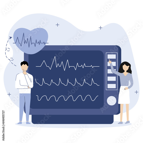 Diagnosis of heart disease illustration. Doctors analyze the cardiogram and pulse on the ECG monitor and make a medical conclusion. Healthcare and medicine concept. Vector illustration.