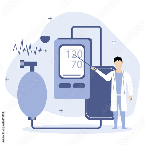 Healthcare and medicine concept. The doctor measures blood pressure and pulse with a tonometer. Vector illustration.