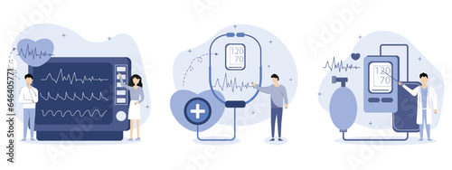Heart disease, diagnosis set of illustrations.Doctors analyze the cardiogram and pulse on the ECG monitor and measures blood pressure and pulse with a tonometer. Healthcare and medicine concept.