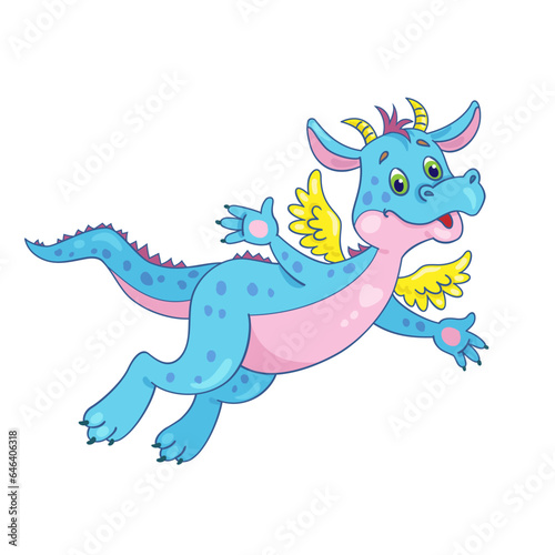 Little blue funny dragon is flying. In cartoon style. Isolated on white background. Vector illustration. Symbol of Chinese New Year
