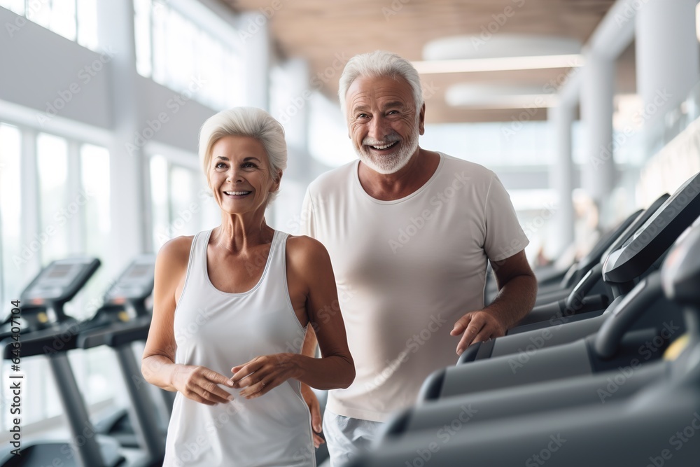 Obraz premium senior woman man exercise gym fitness couple sport healthy elderly health training active happy treadmill old fit mature female adult workout body vitality