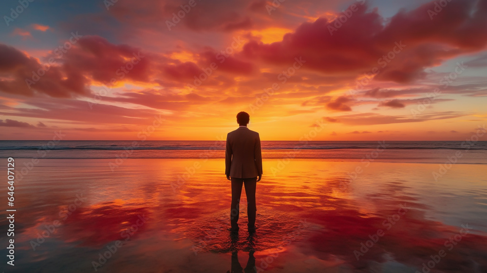 夕焼け空と赤く染まったレッドオーシャンを眺めるビジネスマンの後ろ姿「AI生成画像」