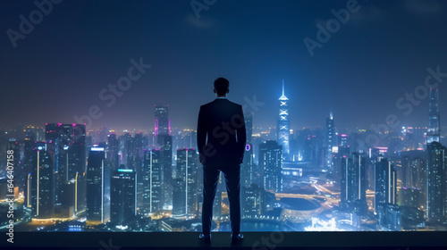 夜の摩天楼の夜景を見下ろすビジネスマンの後ろ姿「AI生成画像」