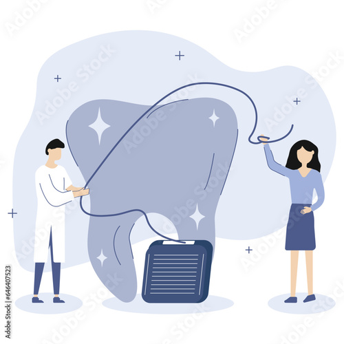 Dental care illustration. Dental doctors show how to properly brush teeth with dental floss. Professional teeth cleaning, oral hygiene concept. Vector illustration.