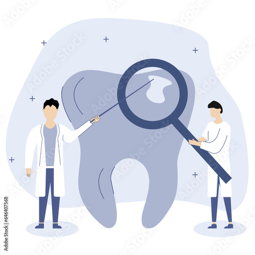 Dental care illustration. Dental doctors indicate problems with teeth. Professional teeth cleaning, oral hygiene concept. Vector illustration.