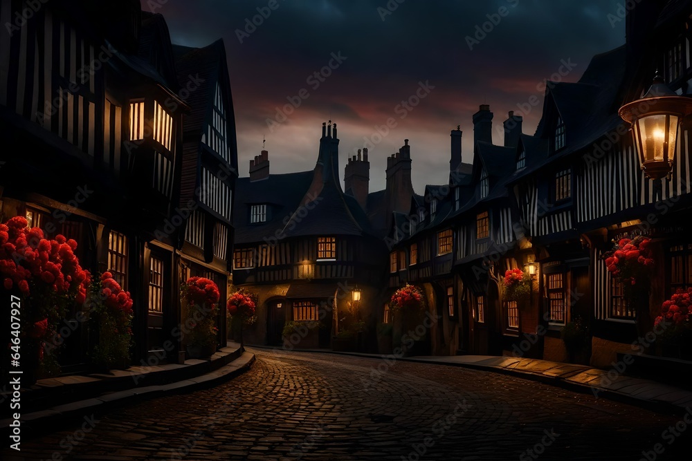 A panoramic view of London in 19’ century, with its cobblestone paths, timbered houses, and warm lantern light spilling from windows - AI Generative