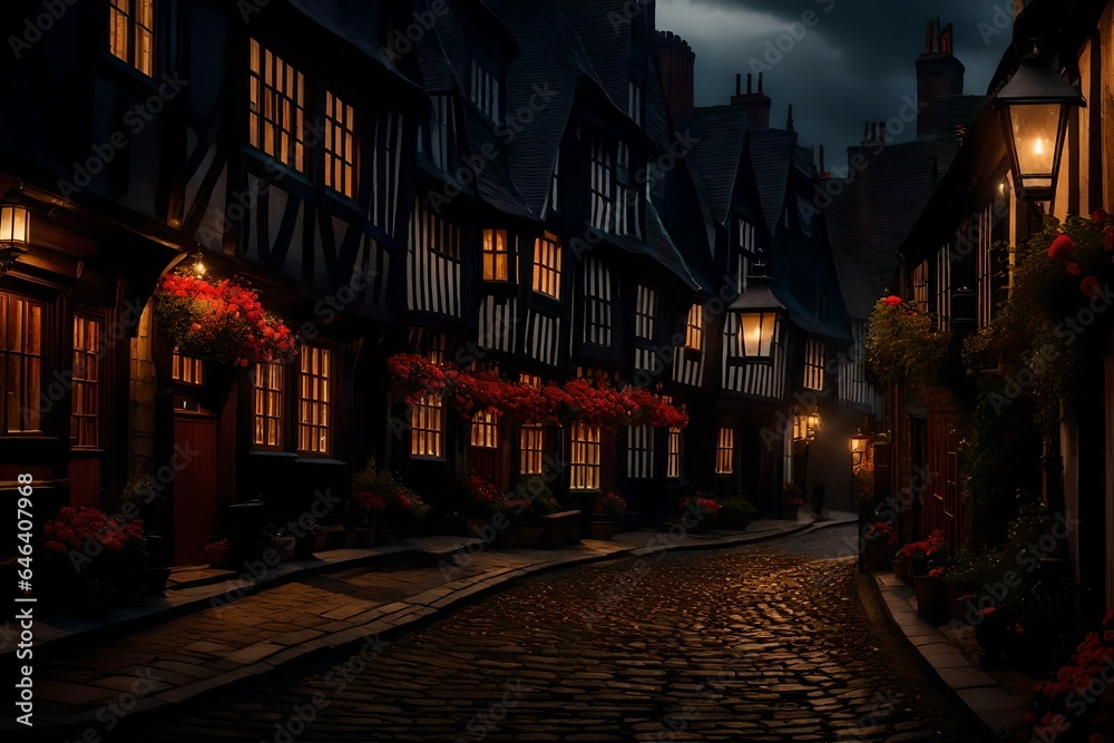 A panoramic view of London in 19’ century, with its cobblestone paths, timbered houses, and warm lantern light spilling from windows - AI Generative