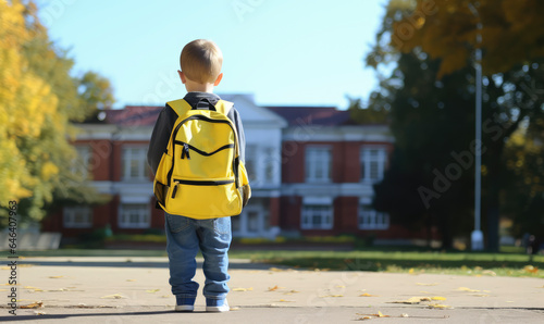 Child student with backpack on his back going to school to study and play on Children's Day.