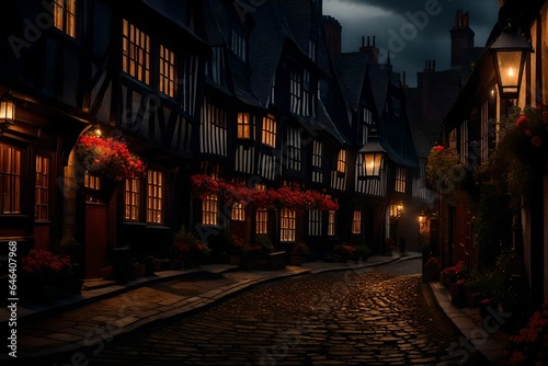 A panoramic view of London in 19’ century, with its cobblestone paths, timbered houses, and warm lantern light spilling from windows - AI Generative © Being Imaginative