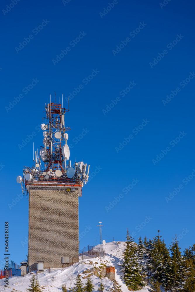 Naklejka premium Tower of telecommunication with many antennas, in a beautiful winter mountains landscape, with trees covered in snow and copy space.