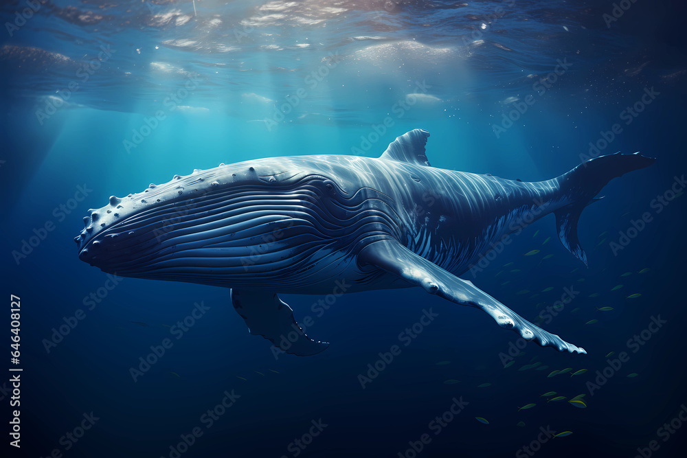 Naklejka premium großer Wal (Blauwal, Buckelwal, Grauwal) im Ozean unter der Oberfläche, erstellt mit generativer KI
