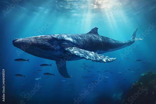 großer Wal (Blauwal, Buckelwal, Grauwal) im Ozean unter der Oberfläche, erstellt mit generativer KI © rawku5