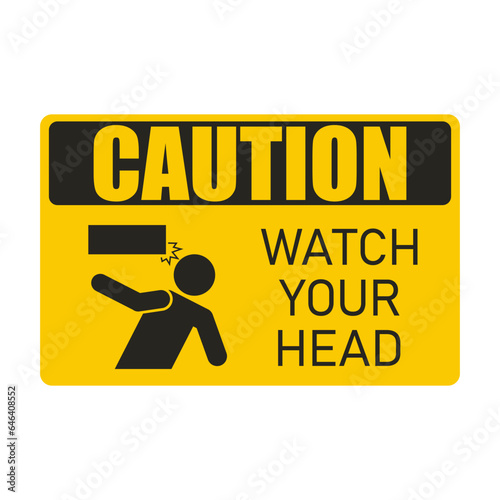 Printable blak yellow safety safety sign mind your head, low up ceiling caution, head lowering instruction, drop hazard with illustration man walking with head hit low ceiling