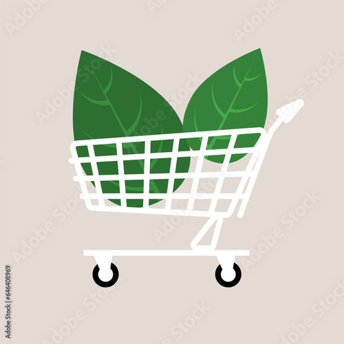 Eco friendly shopping cart. Zero waste. Sustainable eco lifestyle. Environment friendly, sustainable, ecological shopping or consumerism and carbon footprint reduction concept