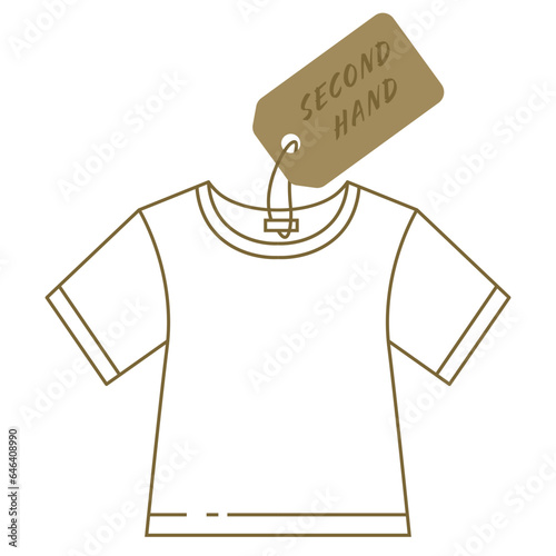 T-shirt and tag with inscription second hand. Second hand clothing shop. Circular fashion, eco friendly sustainable shopping, thrift stores concept. Sustainable economic life. Thrift Store