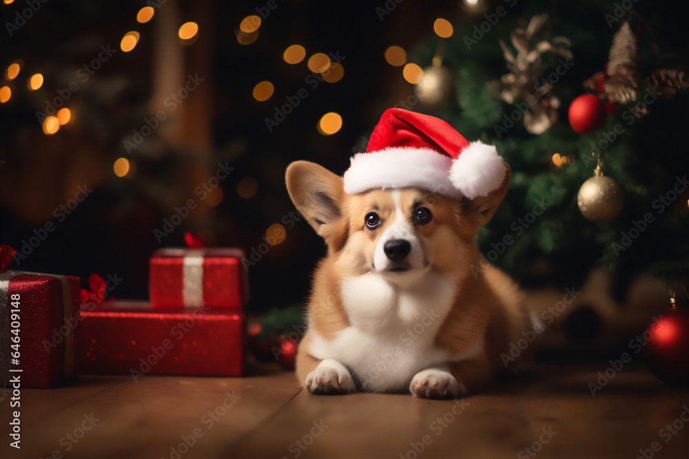 Adorable Welsh Corgi Pembroke celebrating Happy New Year and Merry Christmas