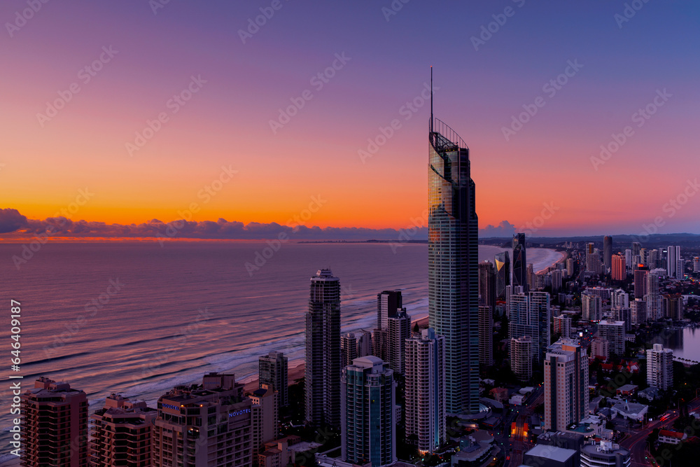 Aerial view at sunrise over Surfers Paradise. Gold Coast Australia.