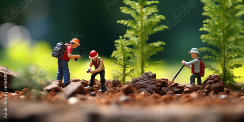 Miniature world photography a crew of tiny workers, Miniature people, couple woman sitting on timber, woman sitting on green nature background using for holiday concept, generative Ai