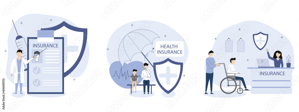 Health insurance of illustrations set.Man with a disability gets health insurance,a doctor offers health insurance,children's health insurance.Medicine and healthcare concept. Vector illustations. Health insurance of illustrations set.Man with a disability gets health insurance,a doctor offers health insurance,children's health insurance.Medicine and healthcare concept. Vector illustations.