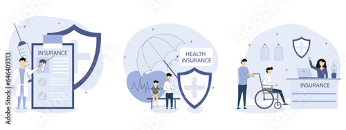 Health insurance of illustrations set.Man with a disability gets health insurance,a doctor offers health insurance,children's health insurance.Medicine and healthcare concept. Vector illustations. photo