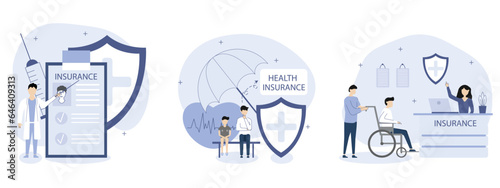 Health insurance of illustrations set.Man with a disability gets health insurance,a doctor offers health insurance,children's health insurance.Medicine and healthcare concept. Vector illustations.