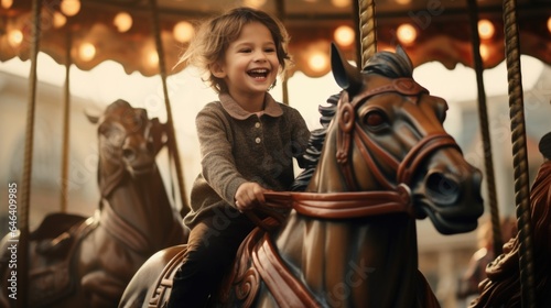 A little girl riding a horse on a carousel