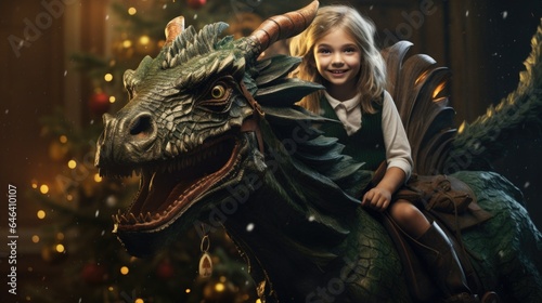 A little girl riding on the back of a green dragon
