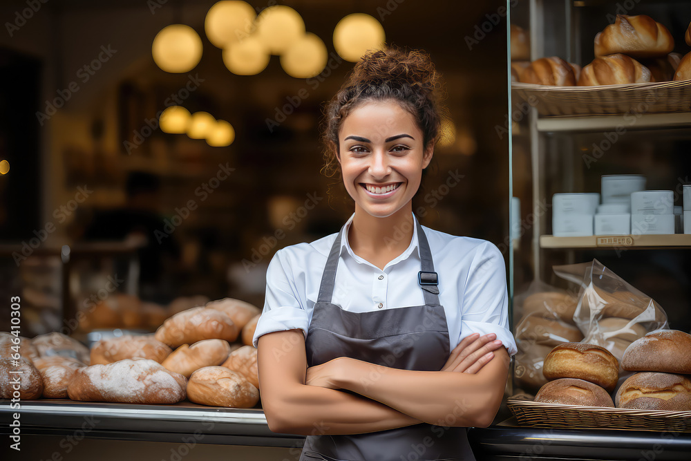Pretty young bakery employee, happy woman on the background of bakery shop with fresh bread on shelves.
