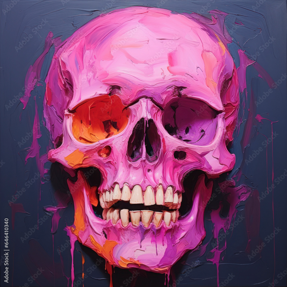 An acrylic painted skull in pink and blue, fine art style skeleton An acrylic painted skull in pink and blue, fine art style skeleton