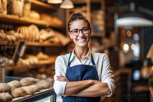 Pretty young bakery employee, happy woman on the background of bakery shop with fresh bread on shelves. 