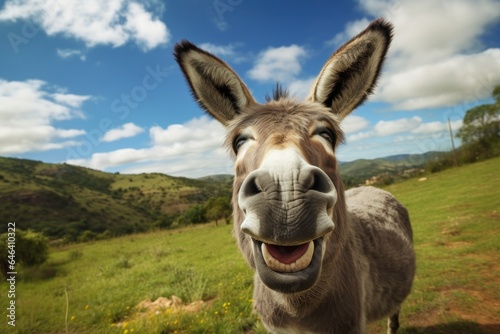 Fotografering Donkey with a funny face on the background of blue sky