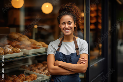 Attractive bakery employee, happy woman on the background of bakery shop with fresh bread on shelves.
