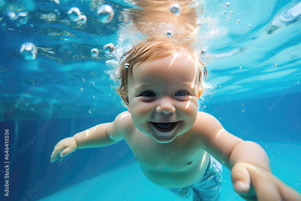 Cute little baby swimming underwater in the pool, smiling at the camera