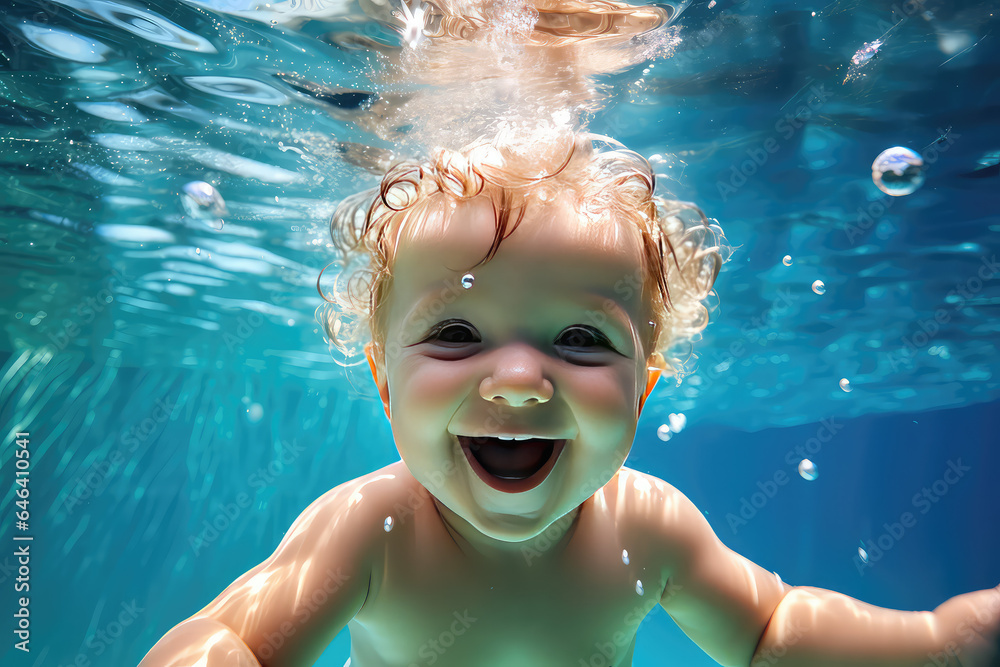 Cute little baby swimming underwater in the pool, smiling at the camera. Underwater kid portrait in motion.
