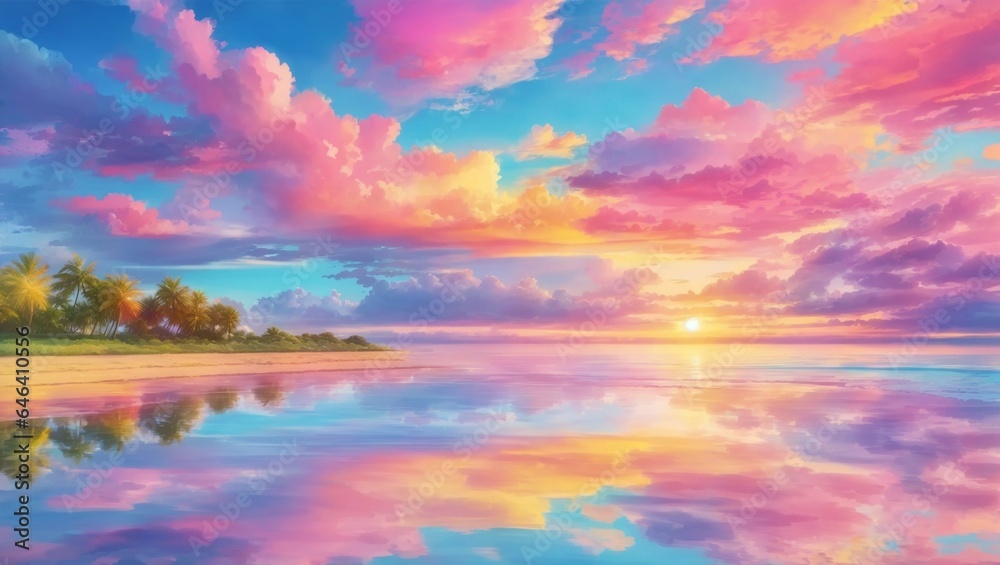 A beautiful lake with pink cloud in the sky 